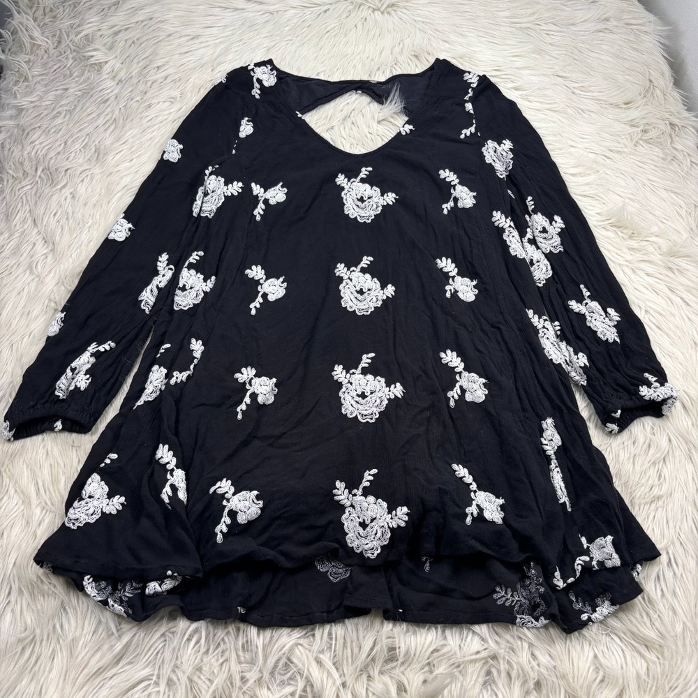 Free People Women's S Black White Floral Emma Tunic Mini Dress Boho Embroidered